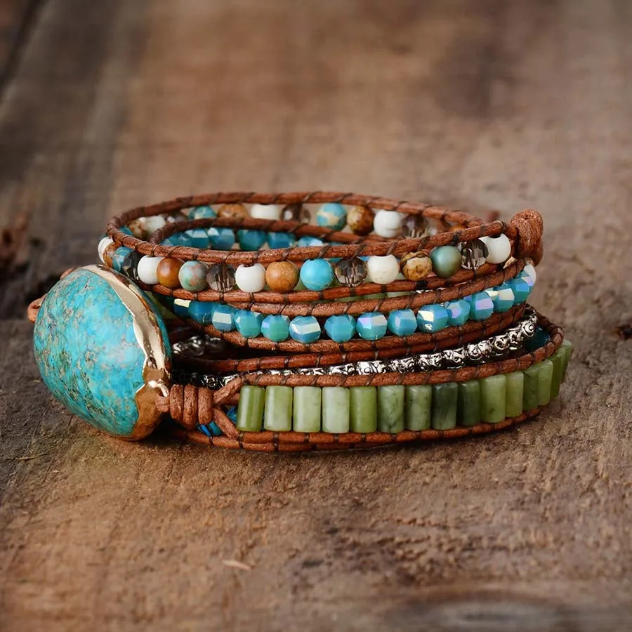 Aqua Turquoise Stone Mix 5X Beaded Wrap Bracelet