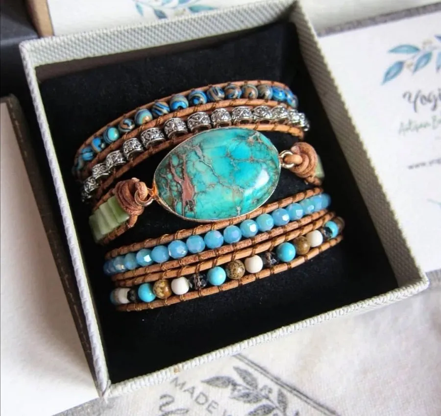 Aqua Turquoise Stone Mix 5X Beaded Wrap Bracelet