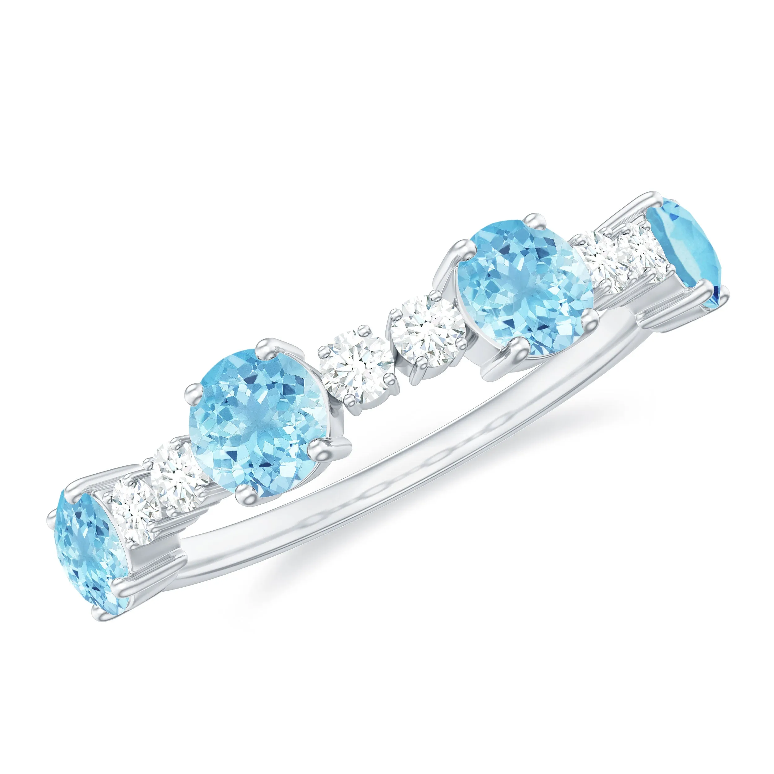 Aquamarine and Diamond Half Eternity Ring in Prong Setting