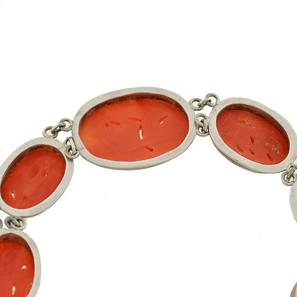 Art Deco Sterling Carved Coral Floral Link Bracelet