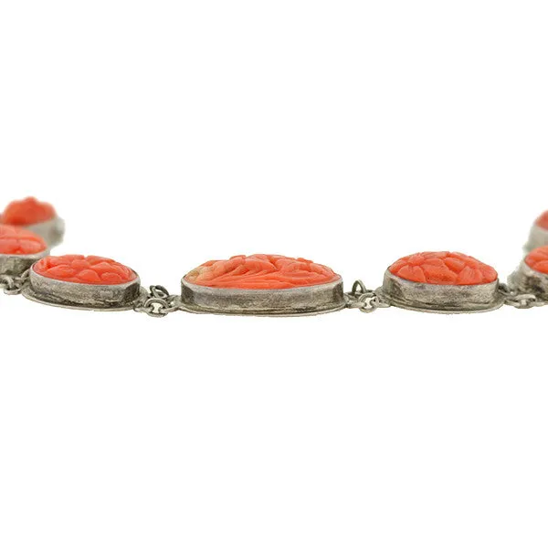 Art Deco Sterling Carved Coral Floral Link Bracelet