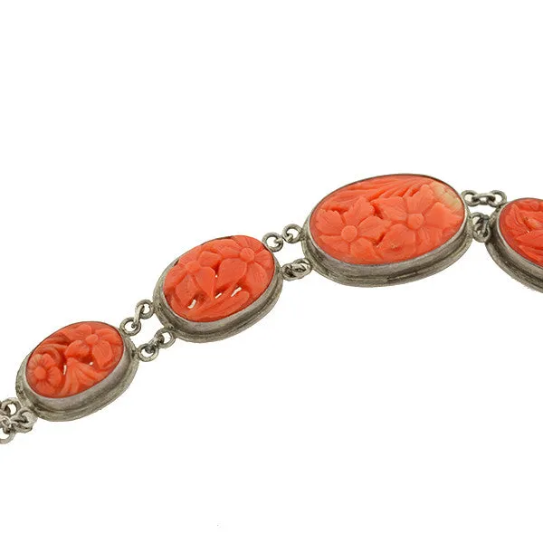 Art Deco Sterling Carved Coral Floral Link Bracelet