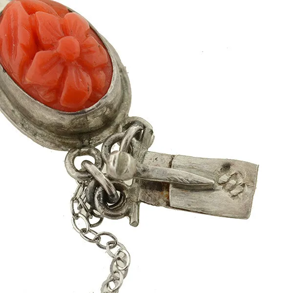 Art Deco Sterling Carved Coral Floral Link Bracelet