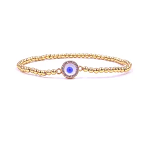 Ashley Gold Stainless Steel Gold Plated Center Enamel CZ Evil Eye Stretch Beaded Bracelet