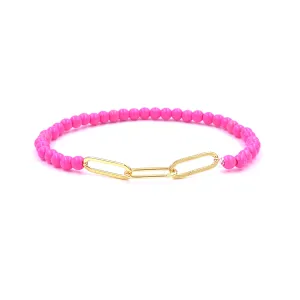 Ashley Gold Stainless Steel Gold Plated Pink Enamel Link Chain Stretch Beaded Bracelet