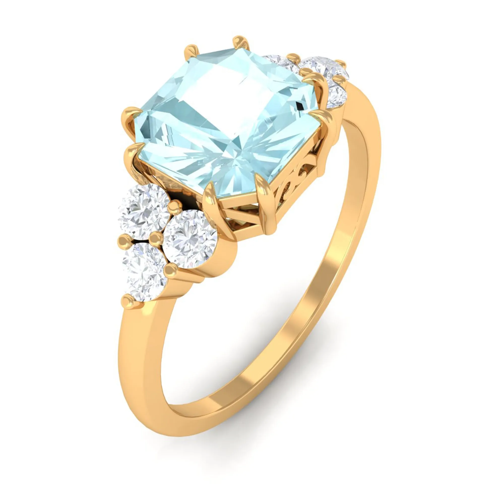 Asscher Cut Sky Blue Topaz Solitaire Engagement Ring with Diamond Trio