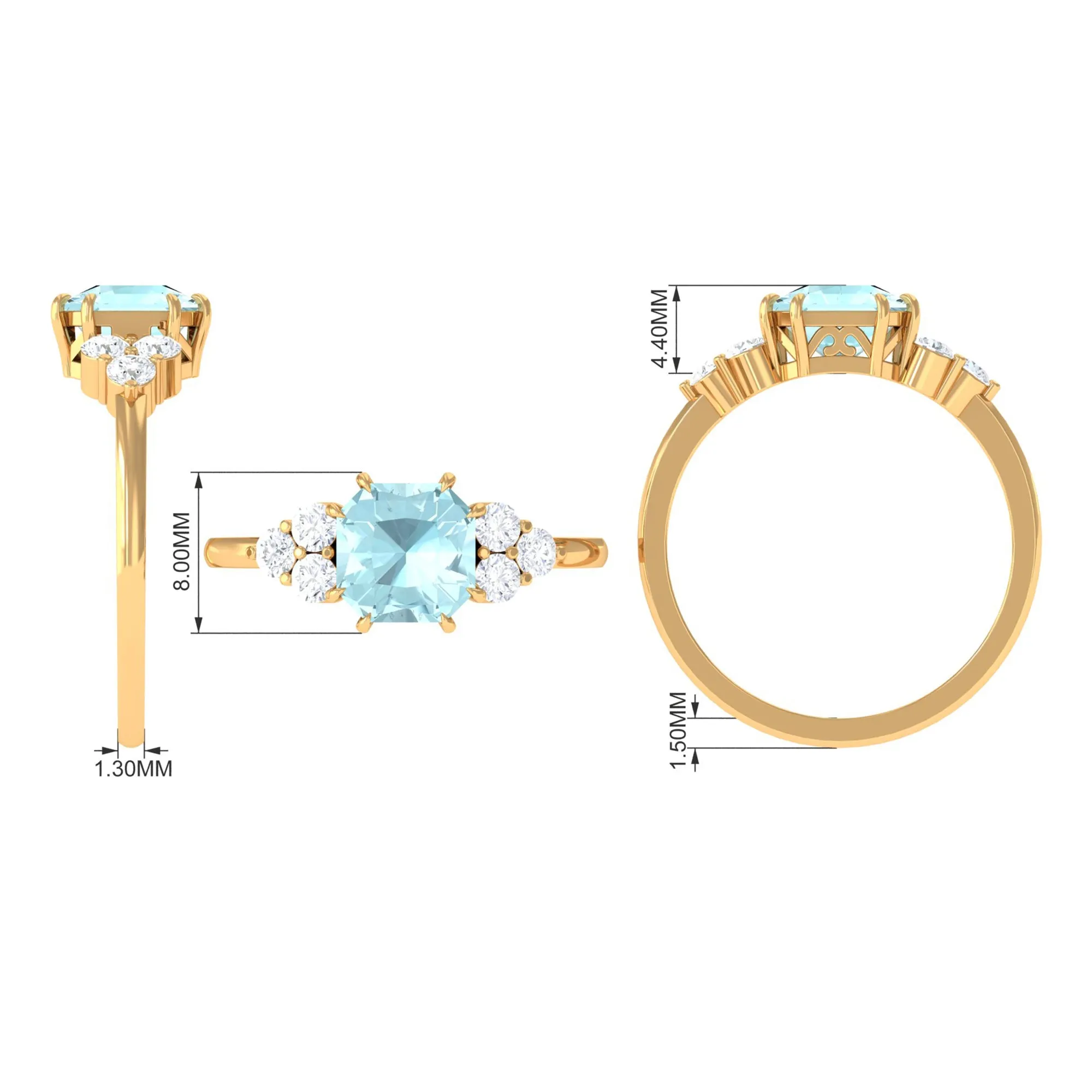 Asscher Cut Sky Blue Topaz Solitaire Engagement Ring with Diamond Trio