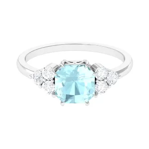 Asscher Cut Sky Blue Topaz Solitaire Engagement Ring with Diamond Trio