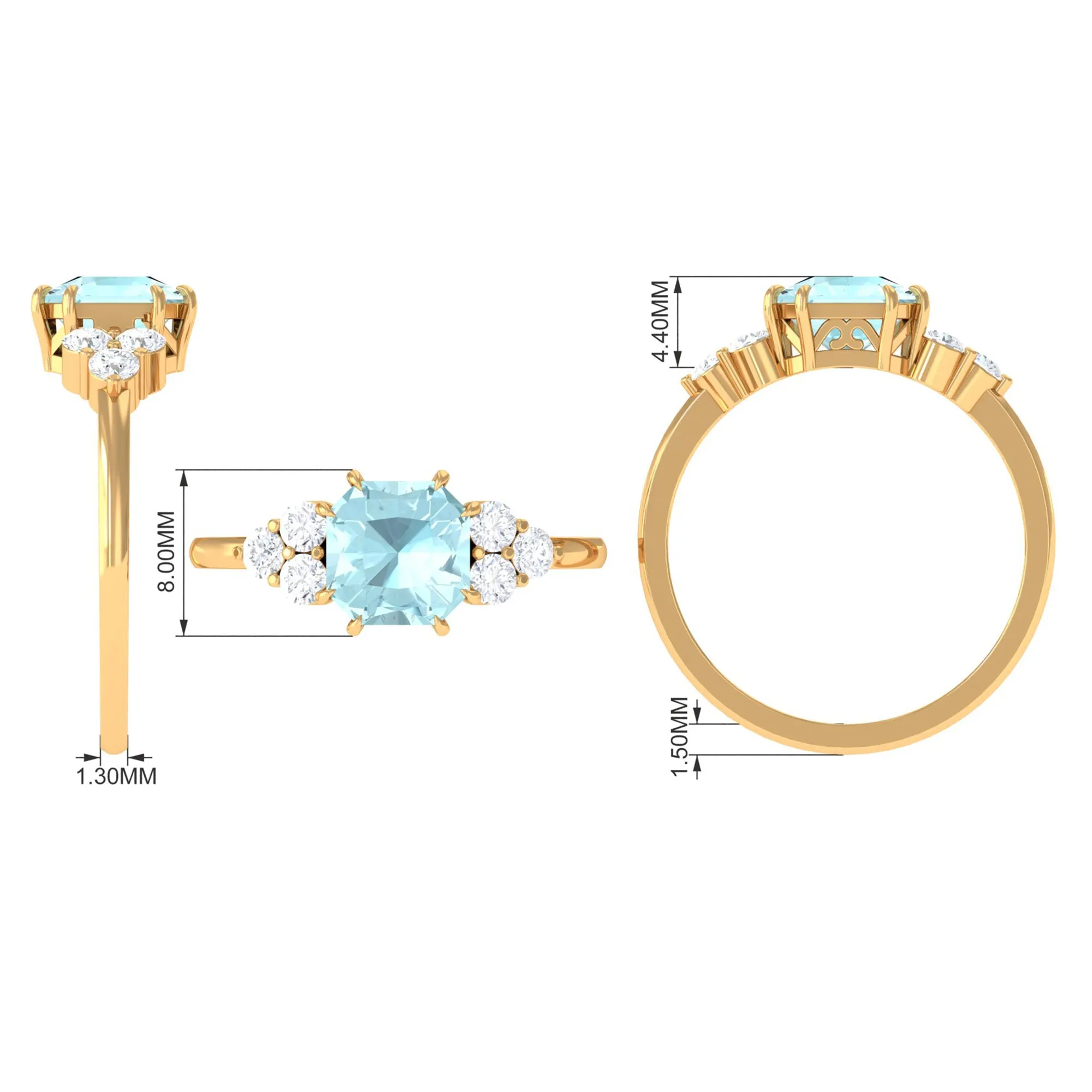 Asscher Cut Sky Blue Topaz Solitaire Engagement Ring with Diamond Trio