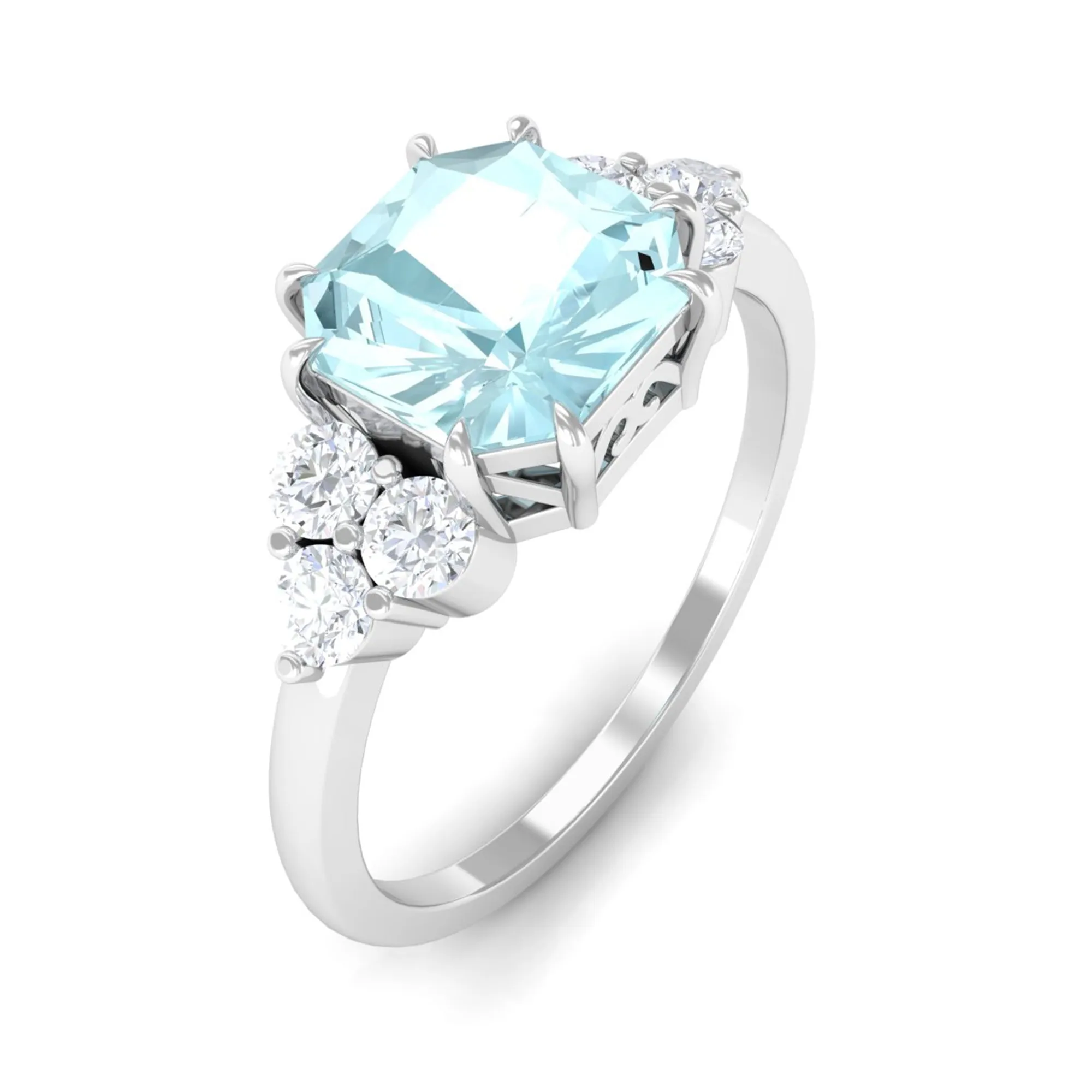 Asscher Cut Sky Blue Topaz Solitaire Engagement Ring with Diamond Trio