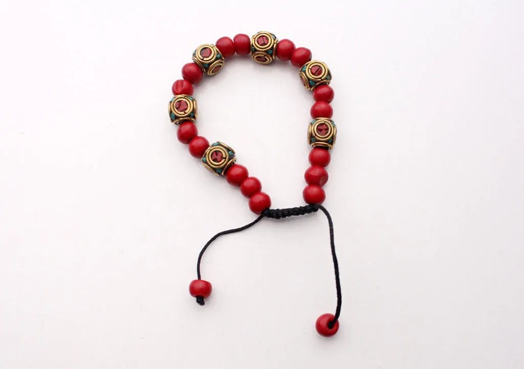 Attractive Dark Red Beads with Cube Tibetan Beads Unisex Bracelet