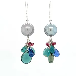 AVF Silver Tahitian Pearl with Green Quartz, Kyanite, Grandidierite, Kyanite & Pink Tourmaline Cluster Earrings (SI3773)