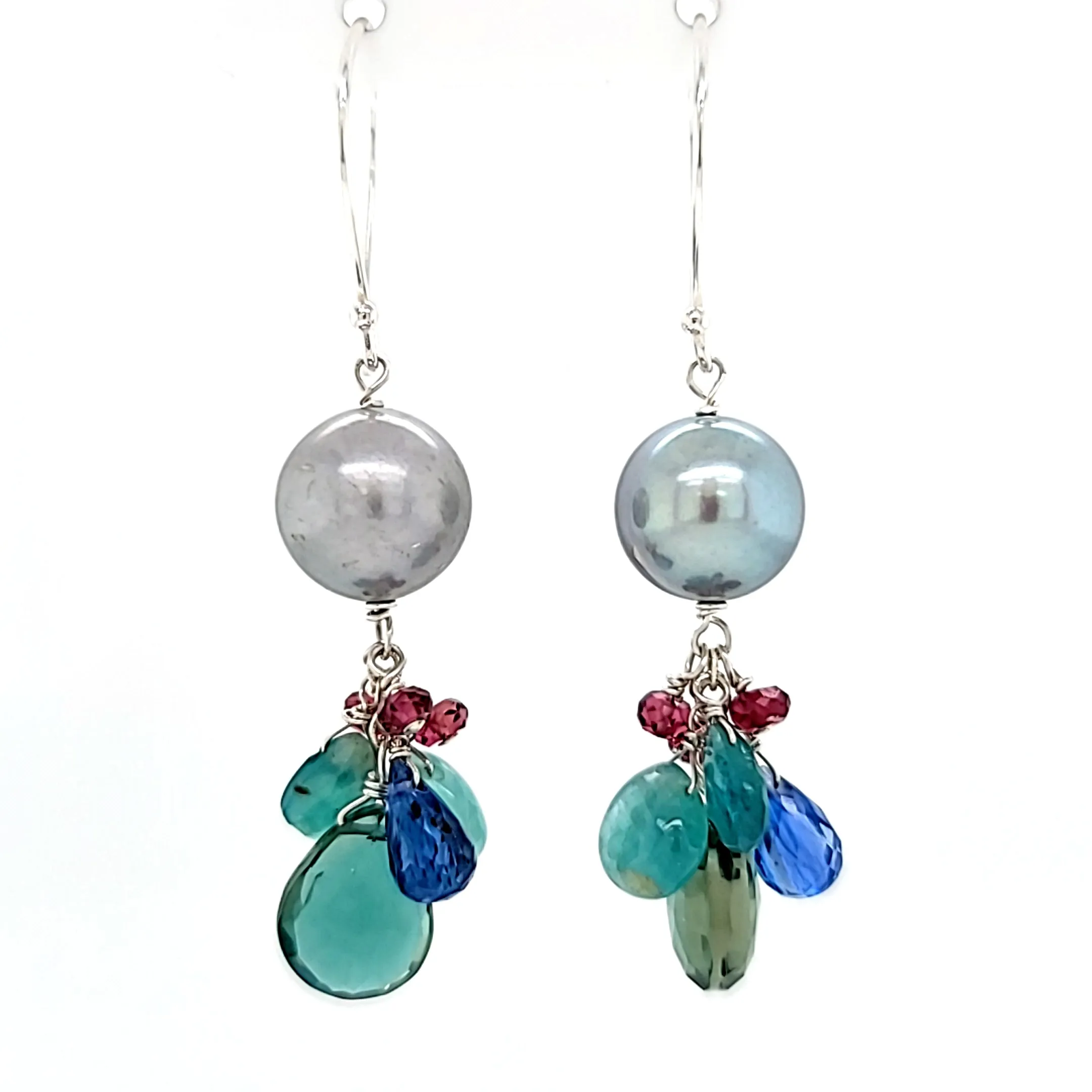 AVF Silver Tahitian Pearl with Green Quartz, Kyanite, Grandidierite, Kyanite & Pink Tourmaline Cluster Earrings (SI3773)