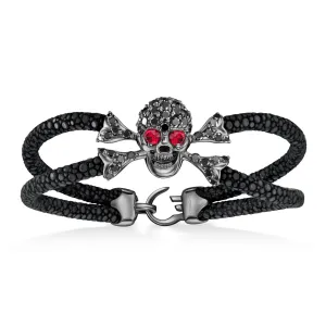 B477 Black Platinum Plated Sterling Silver Black Diamond Skull With Ruby Eyes | StingHD