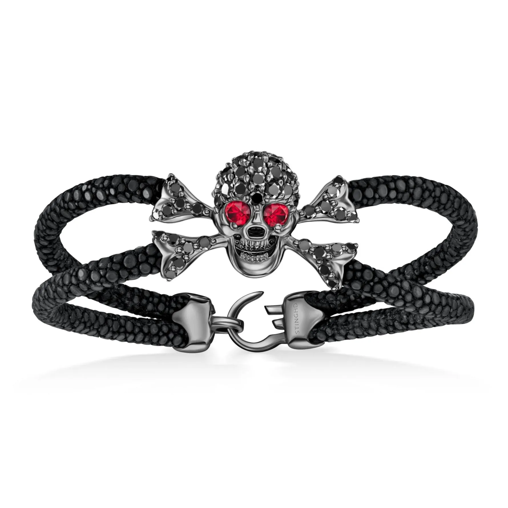 B477 Black Platinum Plated Sterling Silver Black Diamond Skull With Ruby Eyes | StingHD