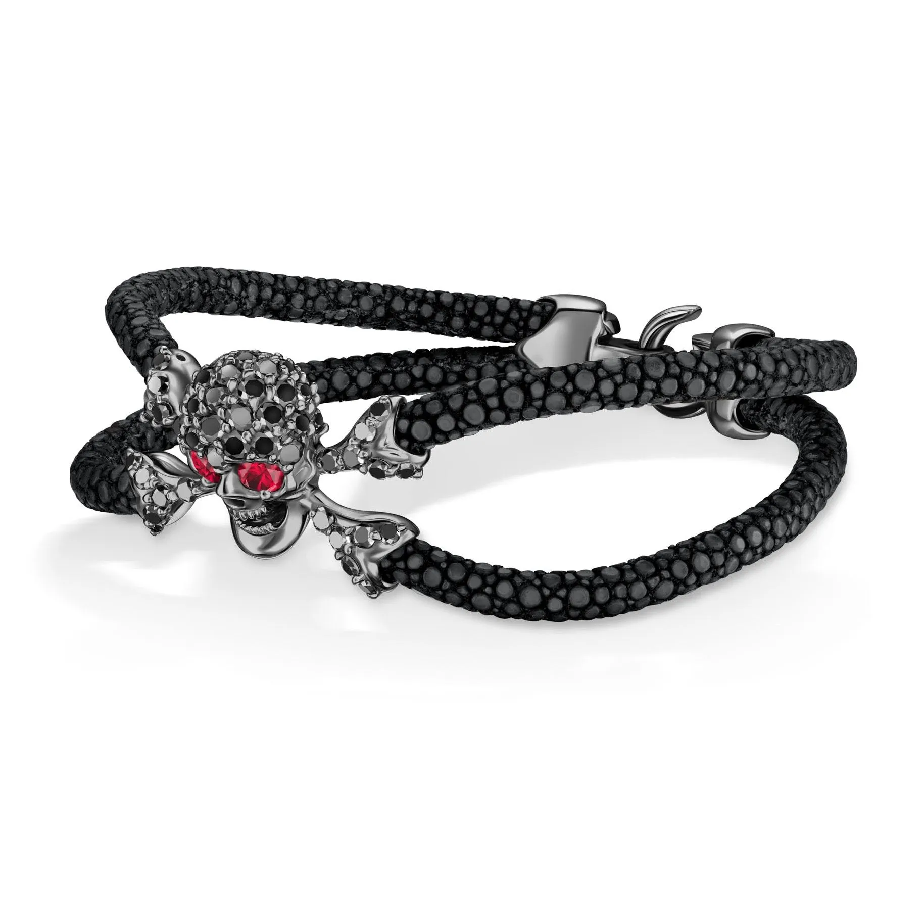 B477 Black Platinum Plated Sterling Silver Black Diamond Skull With Ruby Eyes | StingHD