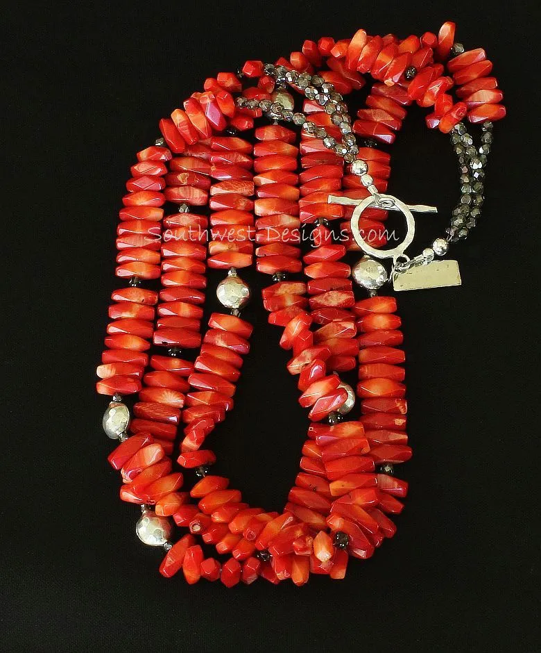 Bamboo Coral Long Nugget 3-Strand Necklace with Smoky Quartz Rondelles, Fire Polished Glass, and Sterling Silver Beads and Toggle Clasp