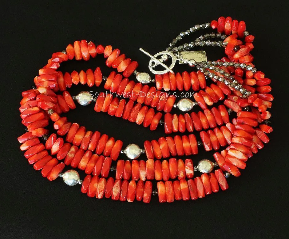 Bamboo Coral Long Nugget 3-Strand Necklace with Smoky Quartz Rondelles, Fire Polished Glass, and Sterling Silver Beads and Toggle Clasp