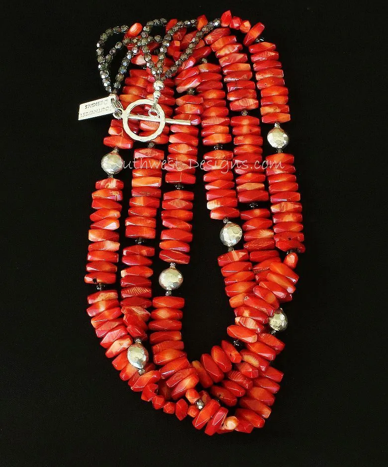 Bamboo Coral Long Nugget 3-Strand Necklace with Smoky Quartz Rondelles, Fire Polished Glass, and Sterling Silver Beads and Toggle Clasp