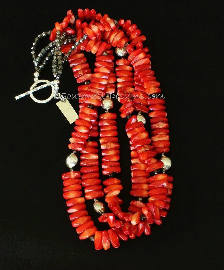 Bamboo Coral Long Nugget 3-Strand Necklace with Smoky Quartz Rondelles, Fire Polished Glass, and Sterling Silver Beads and Toggle Clasp