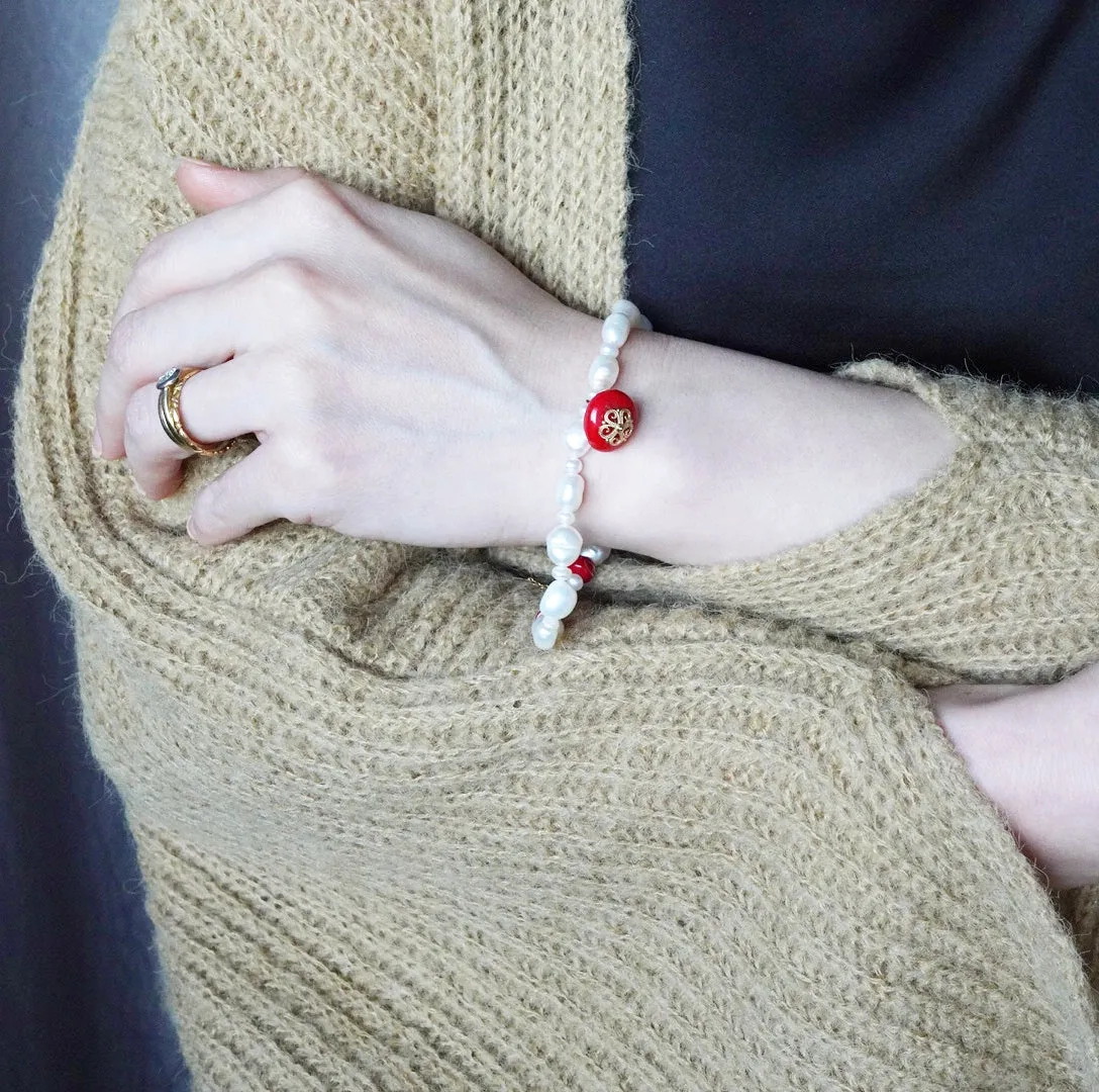 Beaded Pearl and Red Coral Bracelet