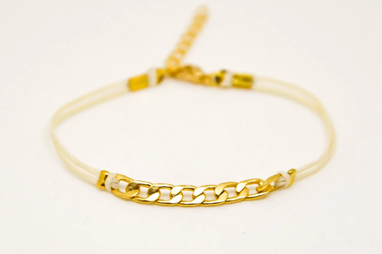 Beige cord bracelet with a gold plated flat chain charm, gift for her, preppy jewelry