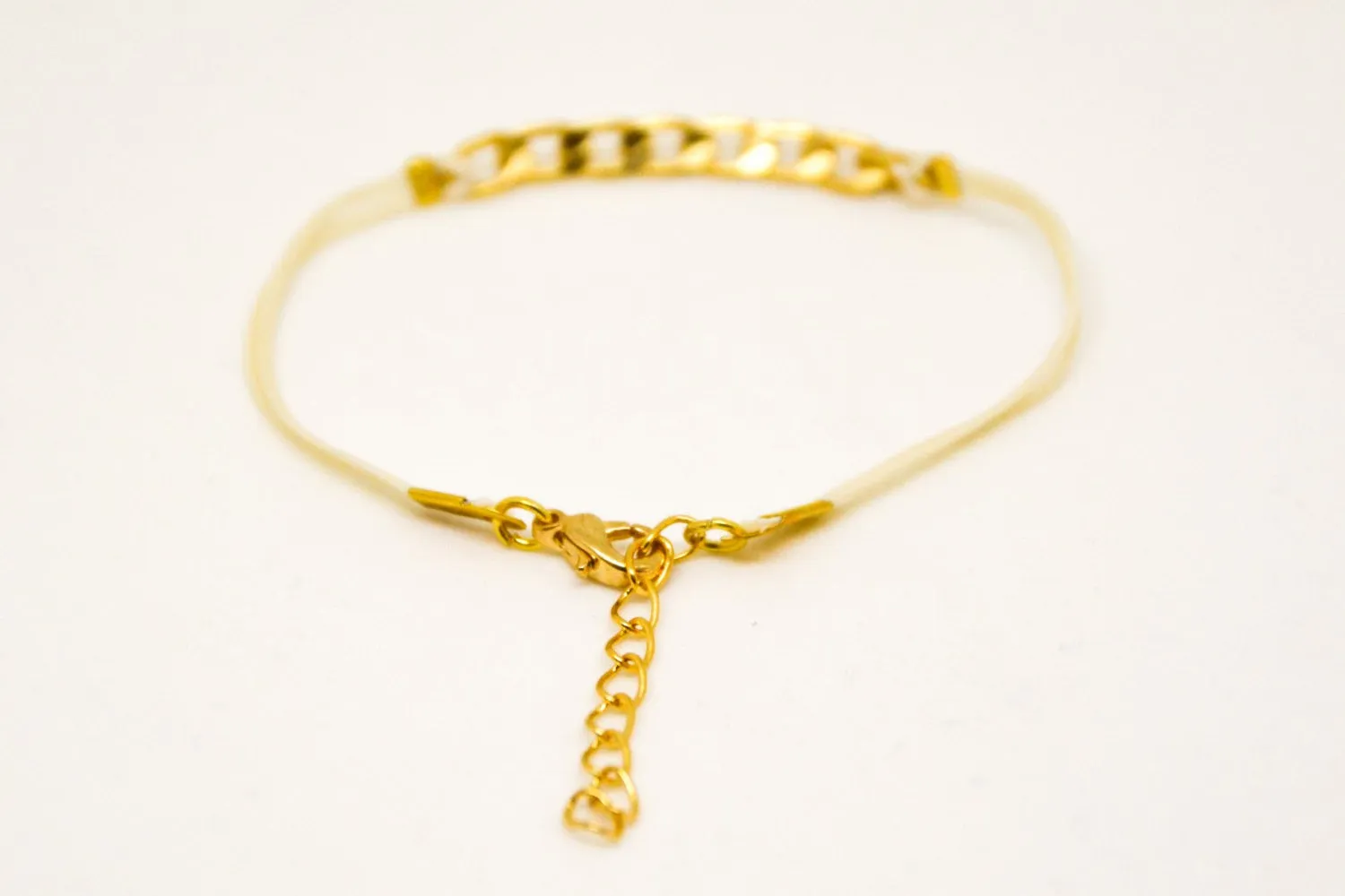 Beige cord bracelet with a gold plated flat chain charm, gift for her, preppy jewelry