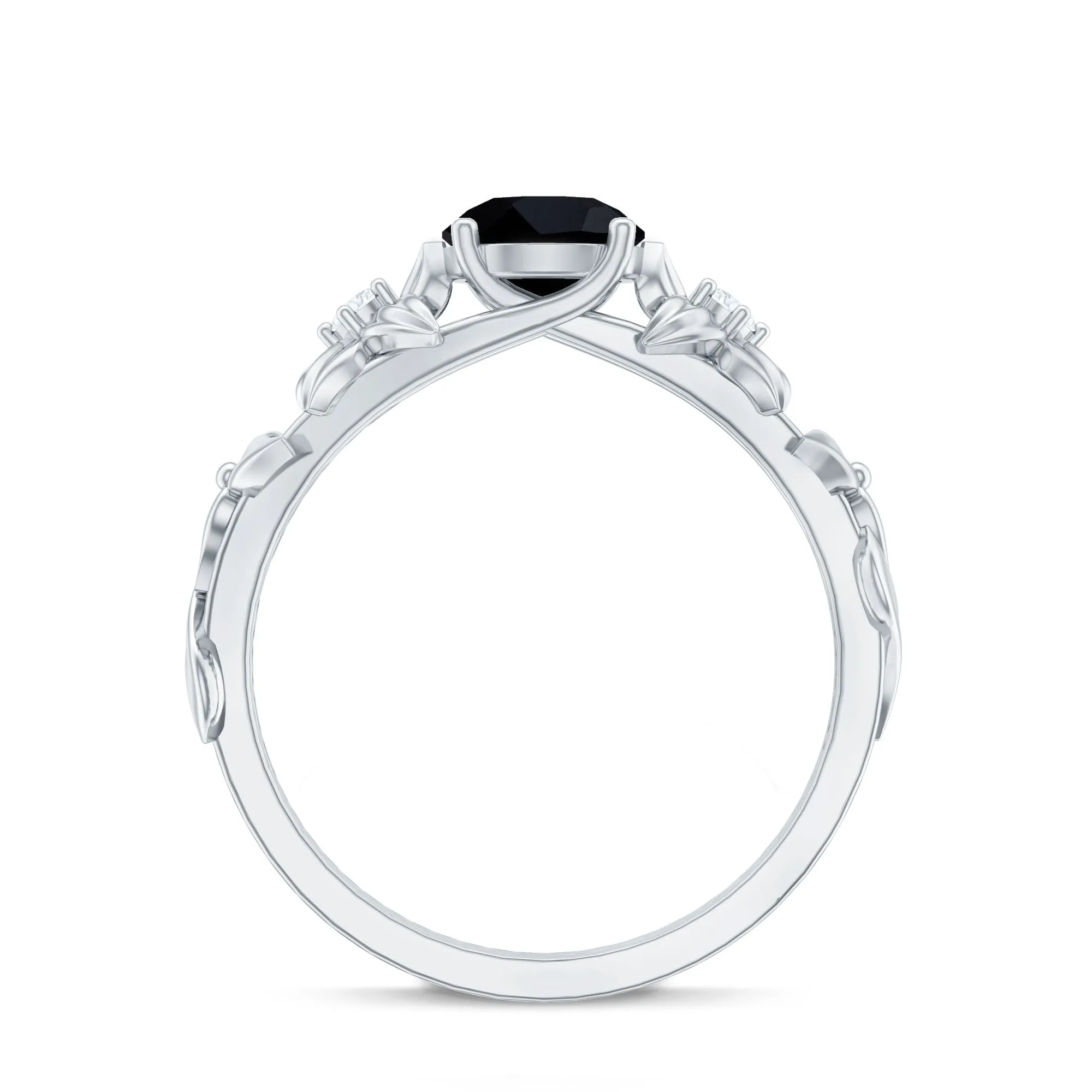 Black Spinel Floral Solitaire Ring with Diamond