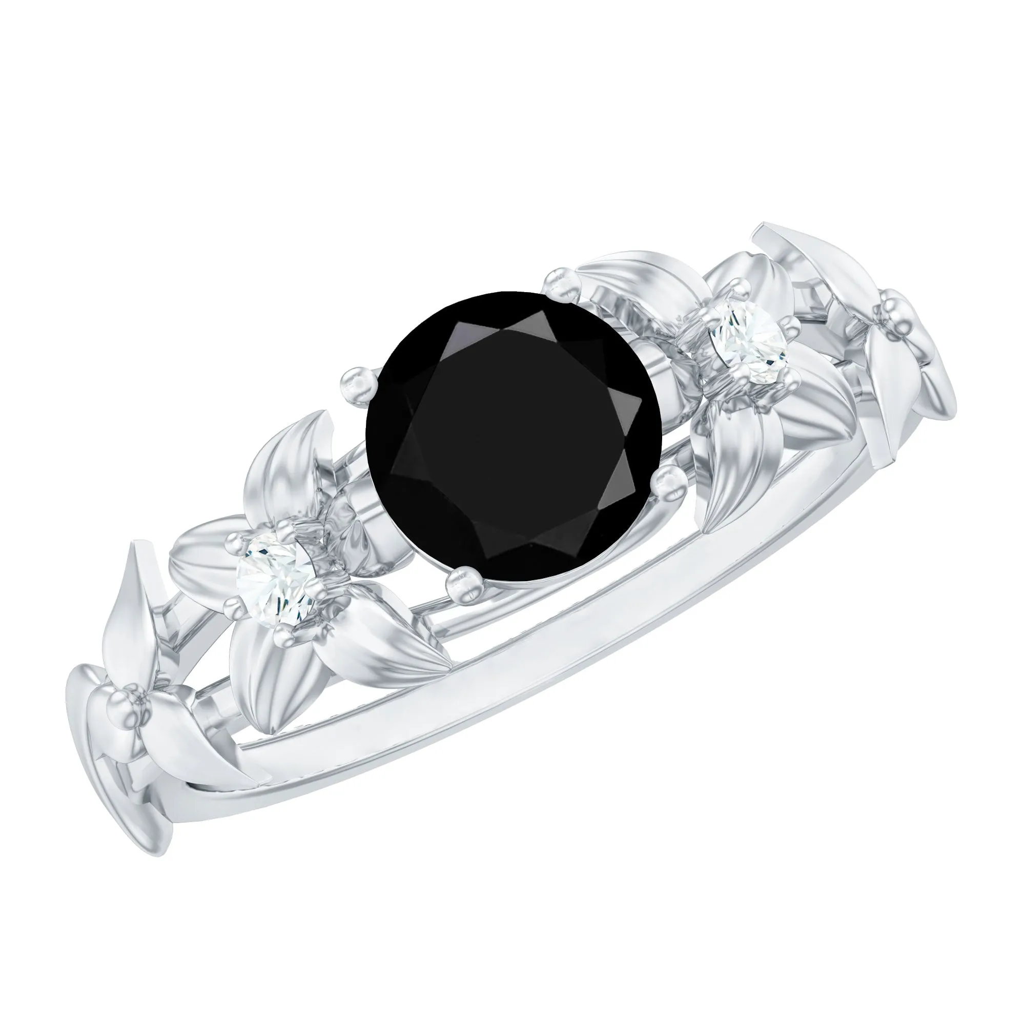 Black Spinel Floral Solitaire Ring with Diamond