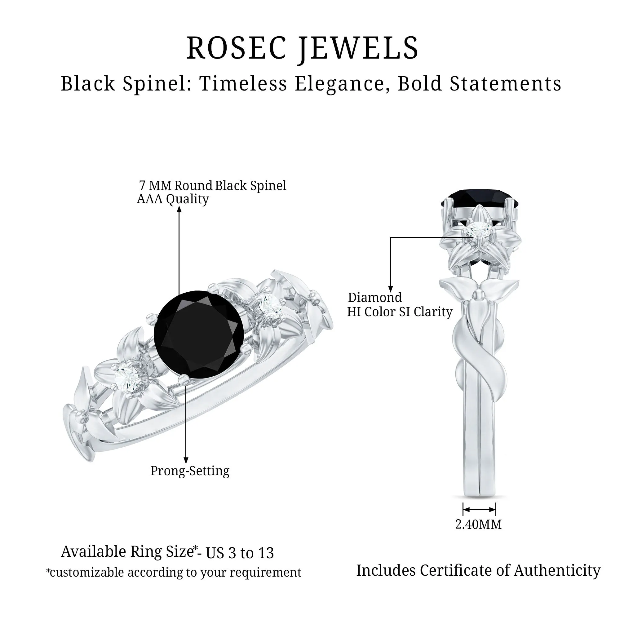 Black Spinel Floral Solitaire Ring with Diamond