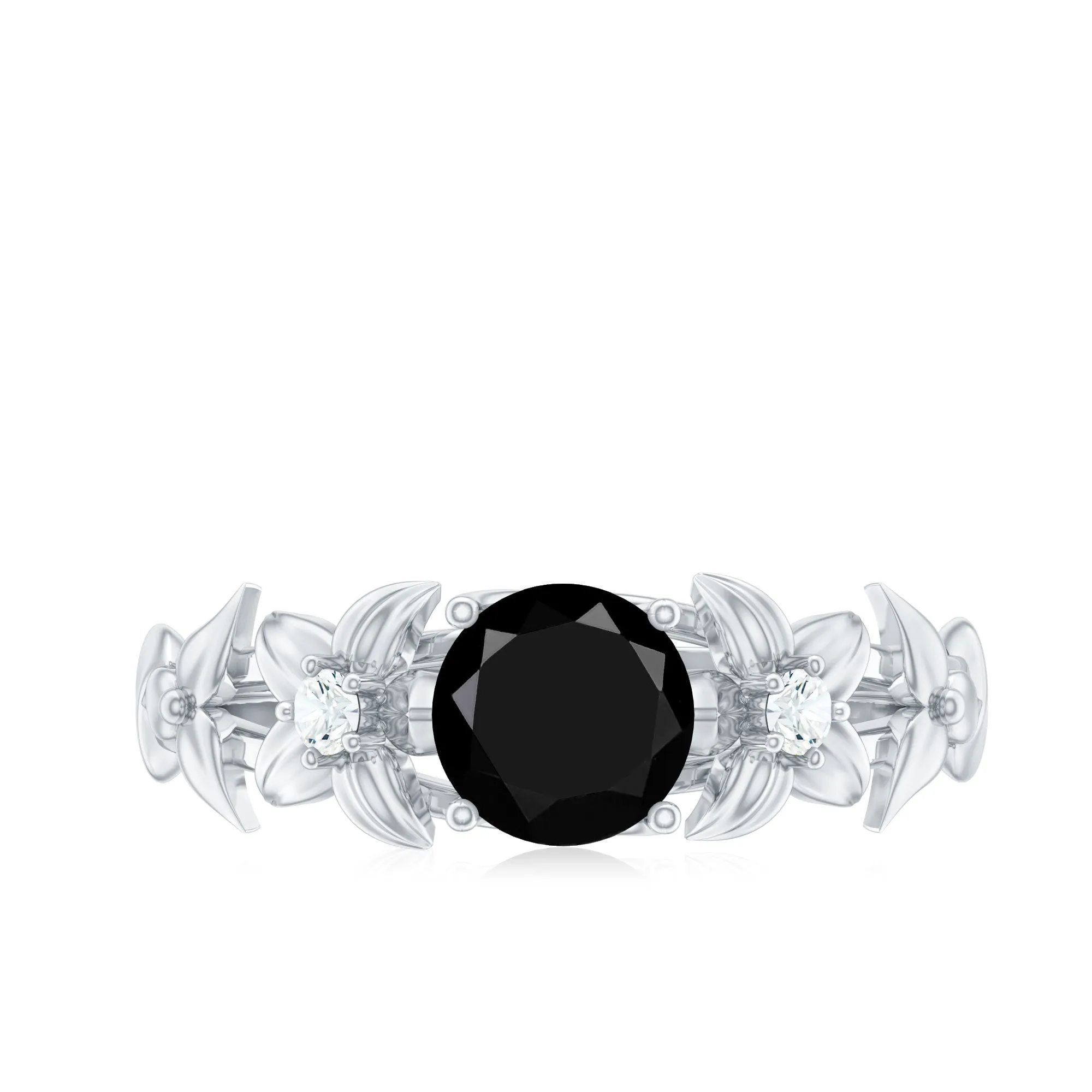 Black Spinel Floral Solitaire Ring with Diamond