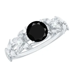 Black Spinel Floral Solitaire Ring with Diamond