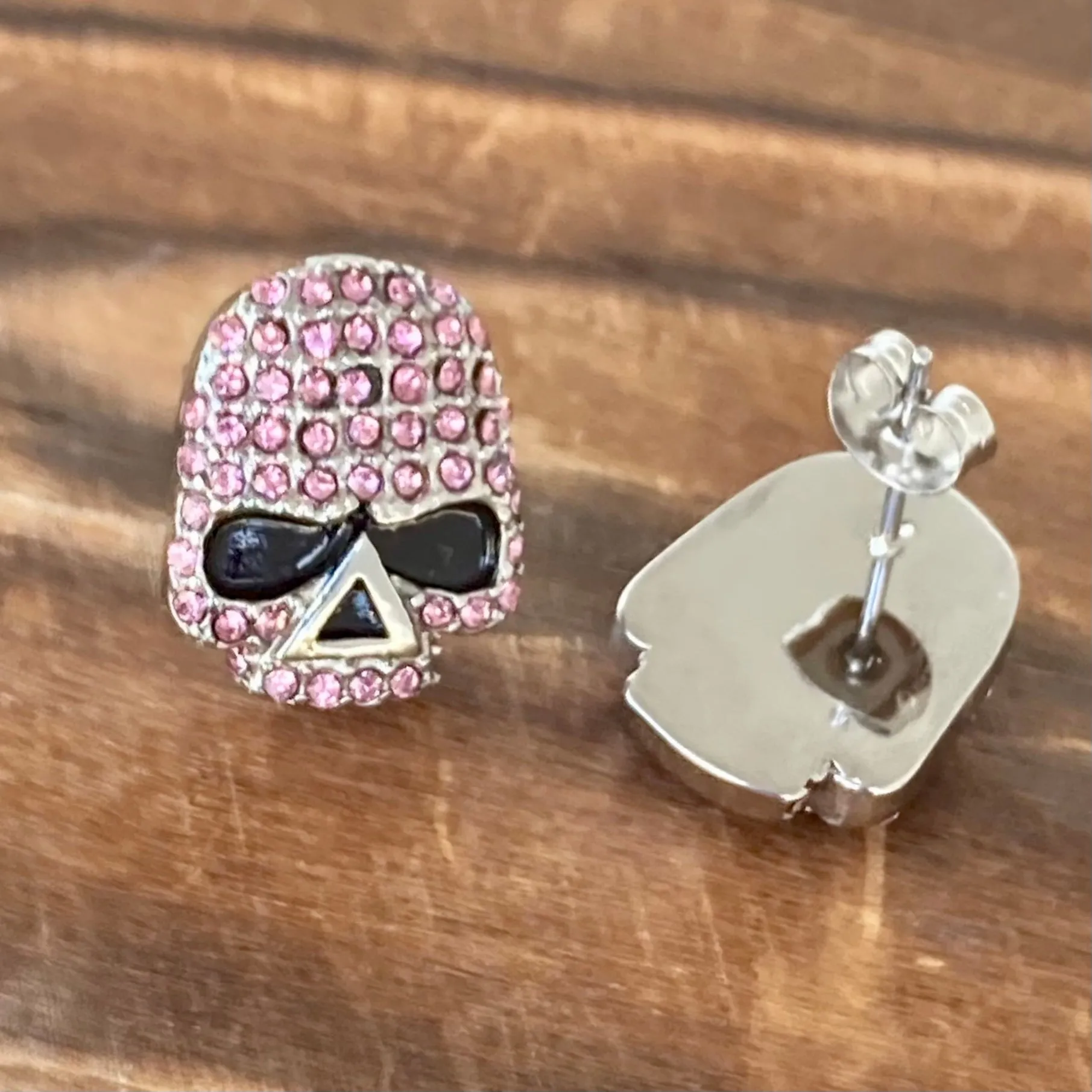 Bling Skull Earrings - Pink Stone - Large Stud - 2596S