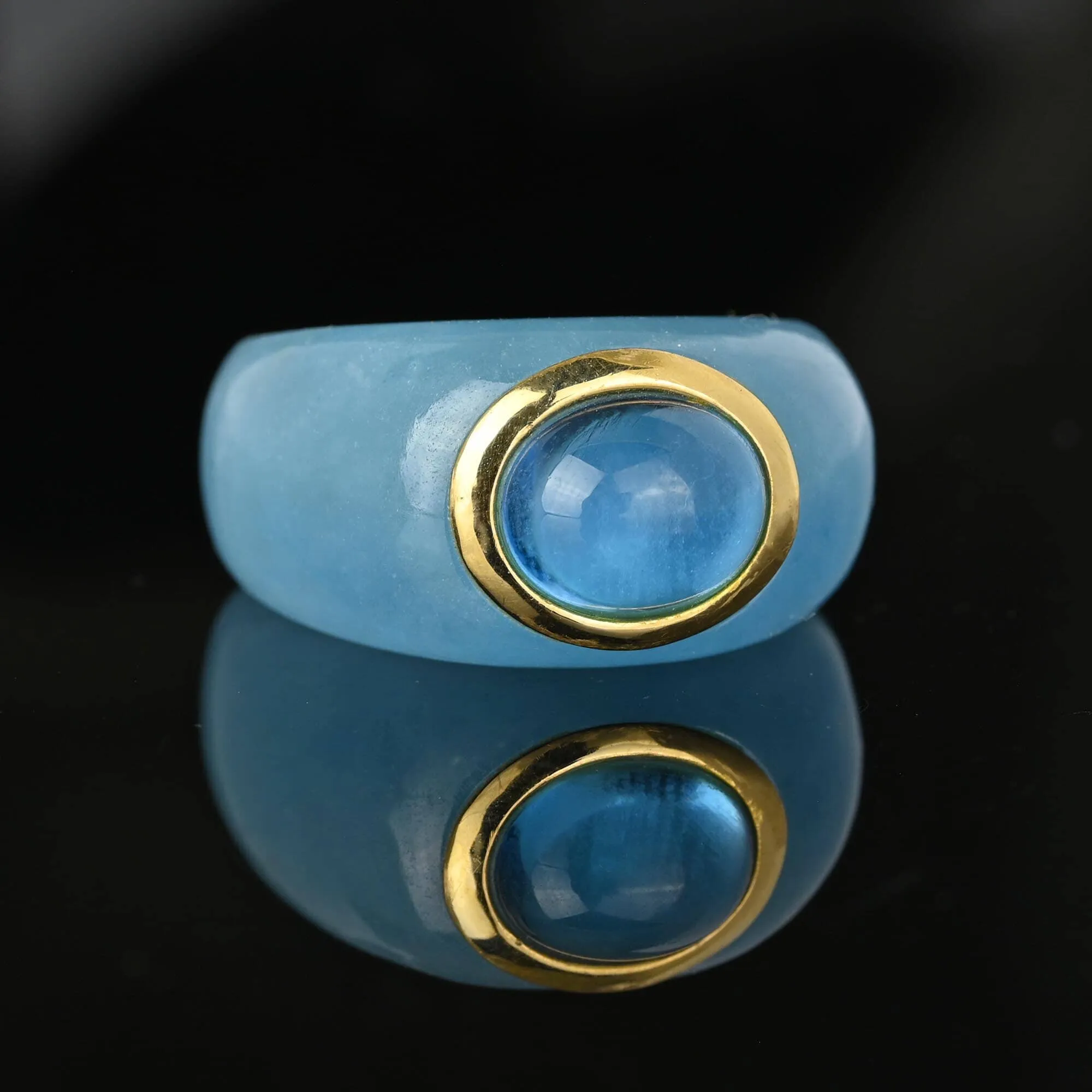 Blue Topaz Cabochon 14K Gold Ring Band, Size 9