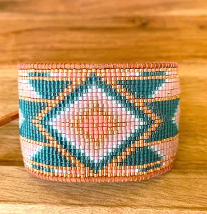 Blush and Teal Southwestern Bead Loom Woven Wide Beaded Cuff Bracelet