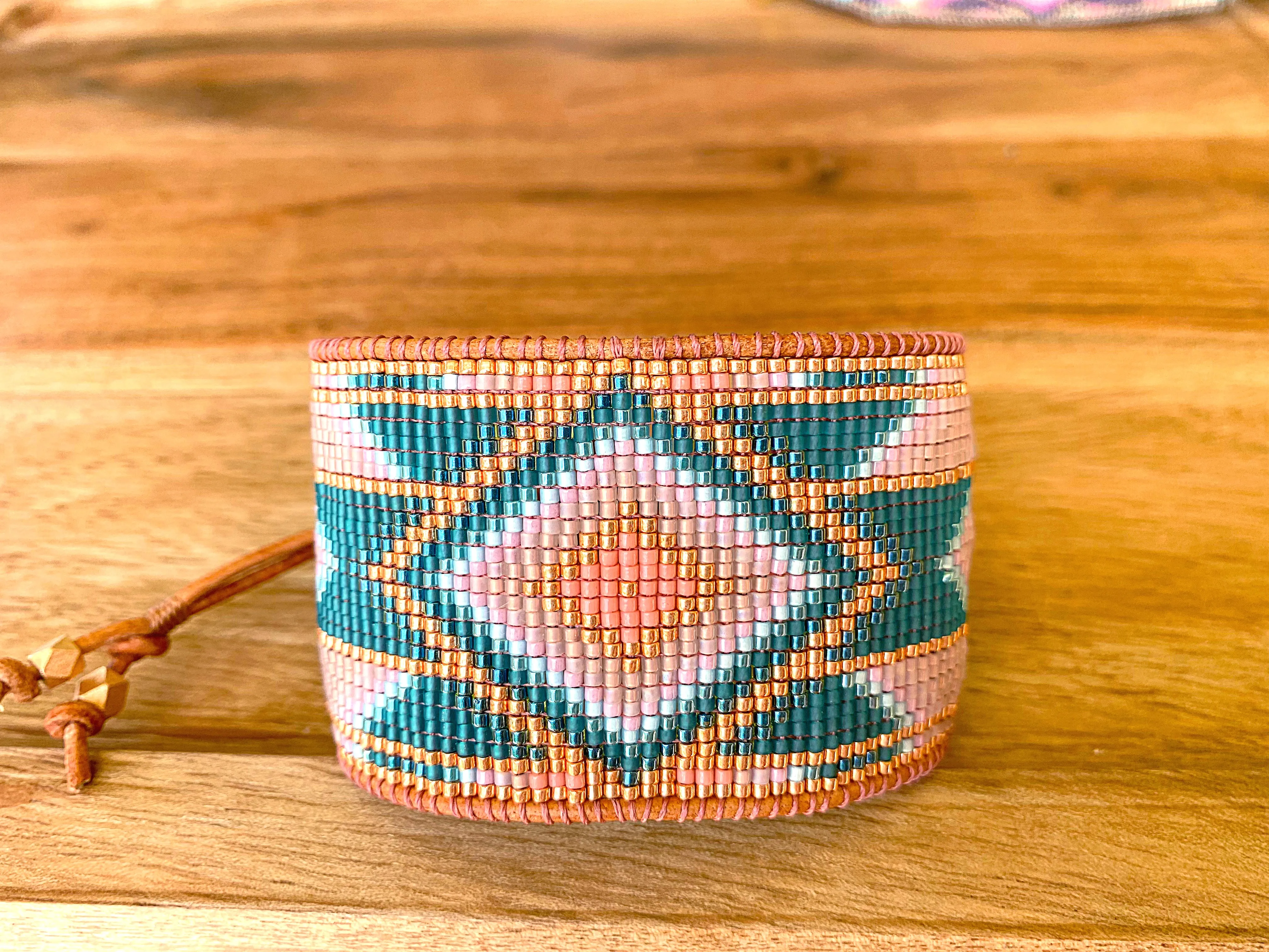 Blush and Teal Southwestern Bead Loom Woven Wide Beaded Cuff Bracelet