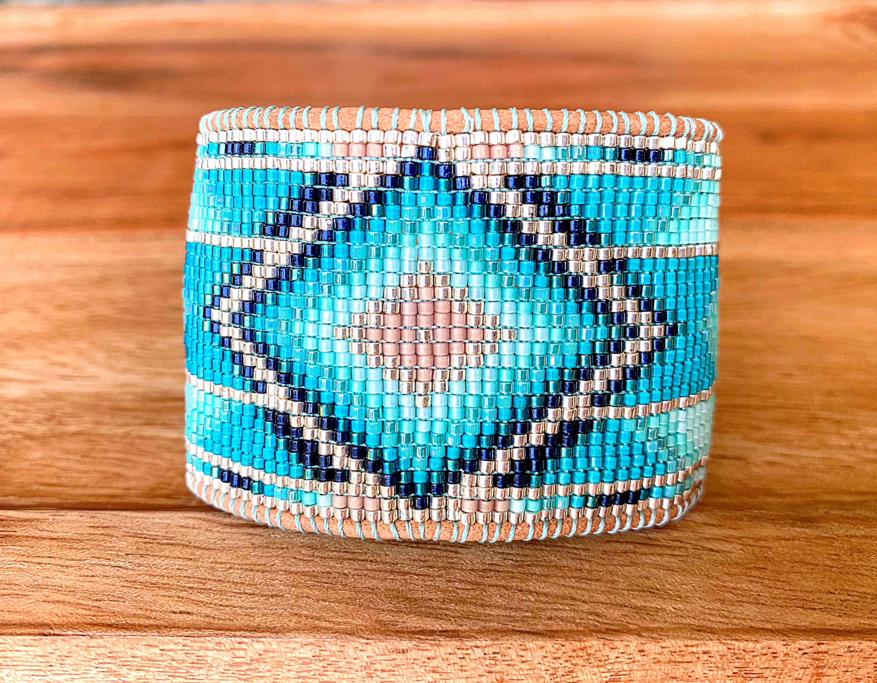 Blush and Teal Southwestern Bead Loom Woven Wide Beaded Cuff Bracelet