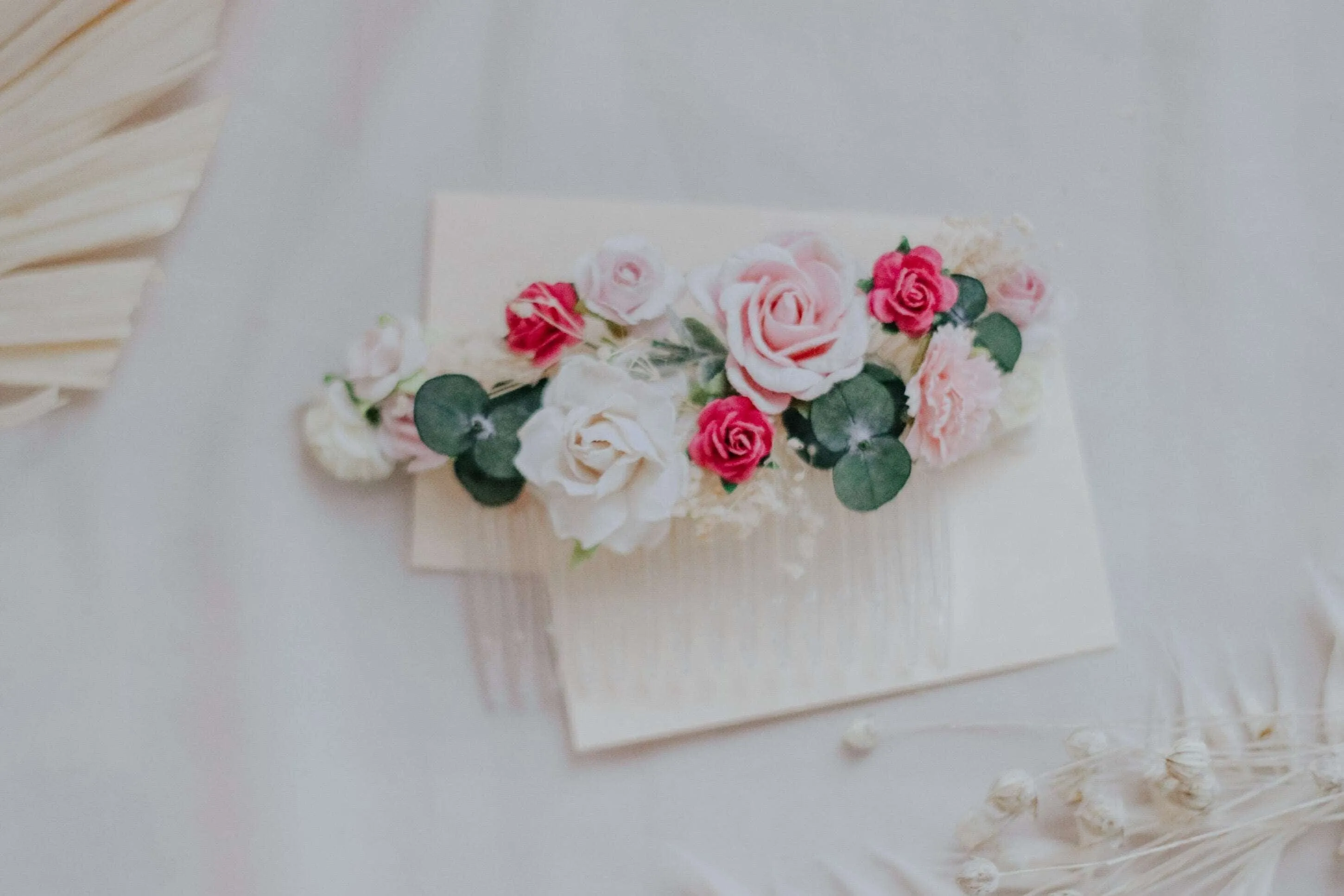 Blush Pink, White Mulberry Paper Rose Wedding Comb with eucalyptus