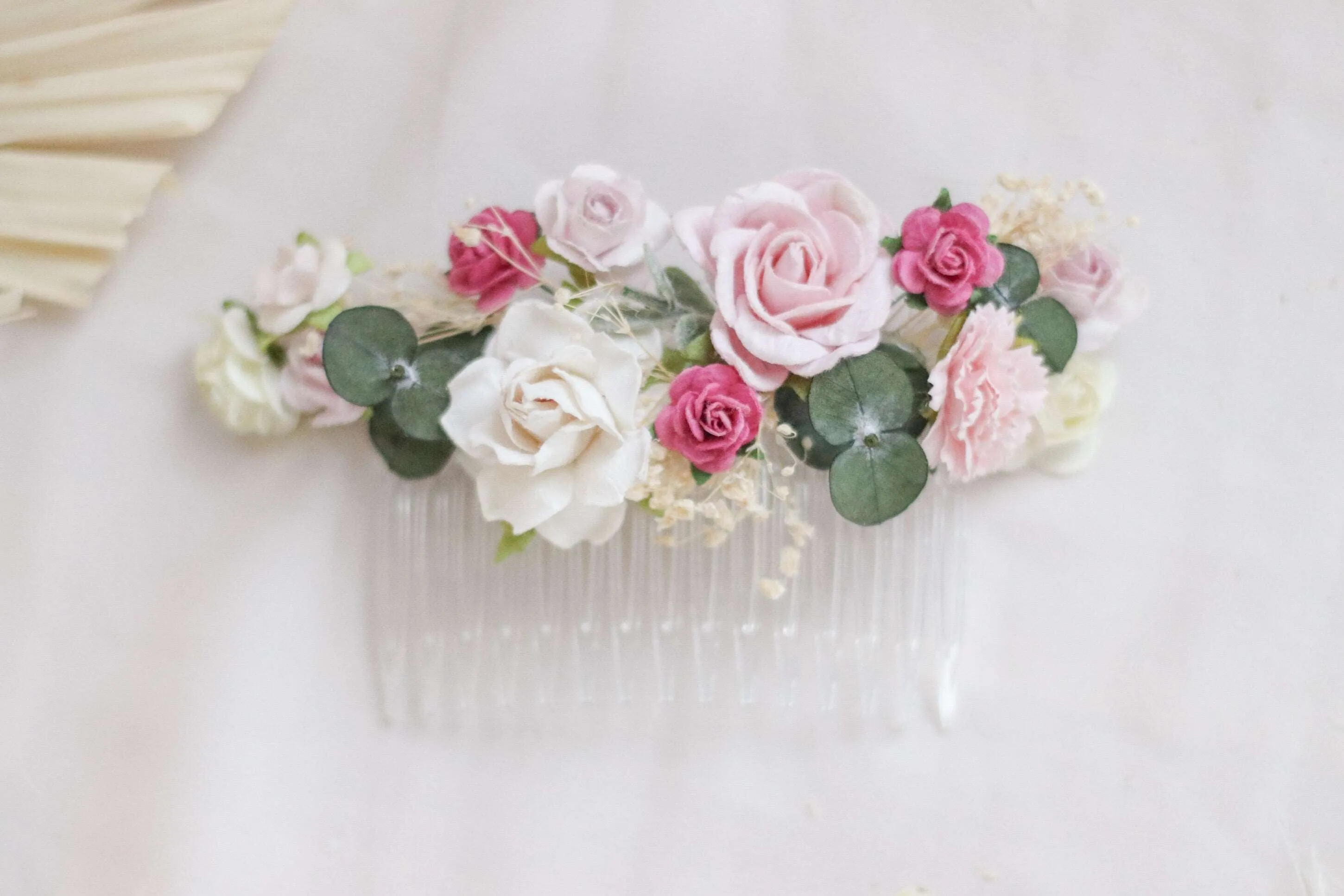 Blush Pink, White Mulberry Paper Rose Wedding Comb with eucalyptus