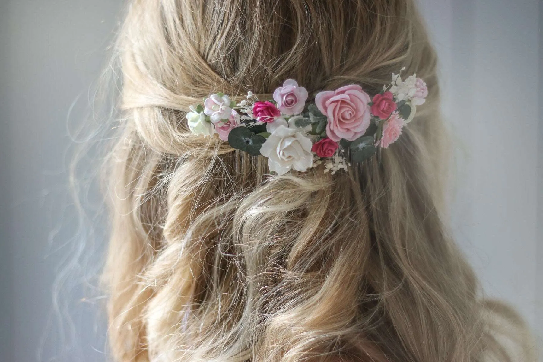 Blush Pink, White Mulberry Paper Rose Wedding Comb with eucalyptus