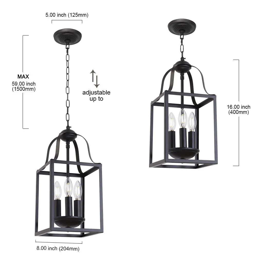 BONLICHT Black Pendant Light 8 Inches Lantern Chandelier Farmhouse 3 Lights E12 Base