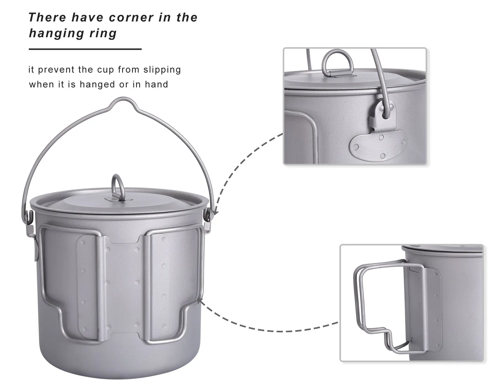 Boundless Voyage Outdoor Titanium Mug Hanging Cup 1100ml lid Camping Pot with Lid Foldable Handle Outdoor Hiking Ultralight Portable Water Cup