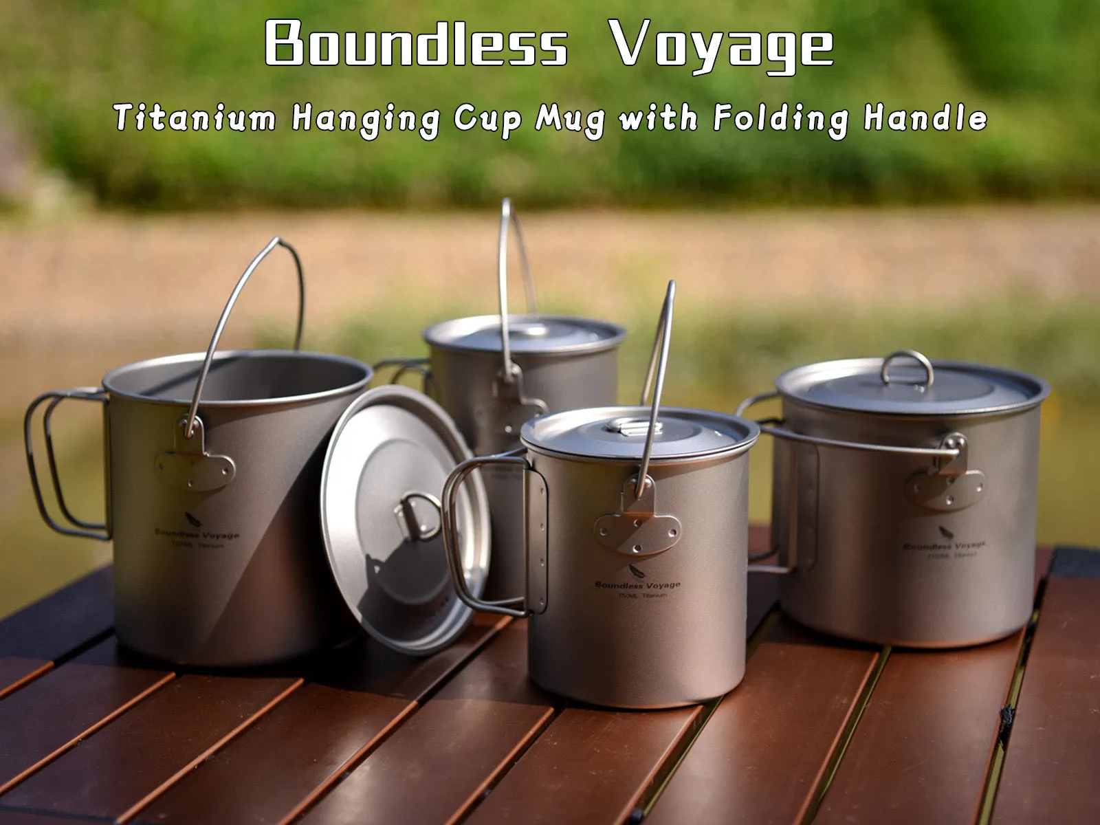 Boundless Voyage Outdoor Titanium Mug Hanging Cup 1100ml lid Camping Pot with Lid Foldable Handle Outdoor Hiking Ultralight Portable Water Cup