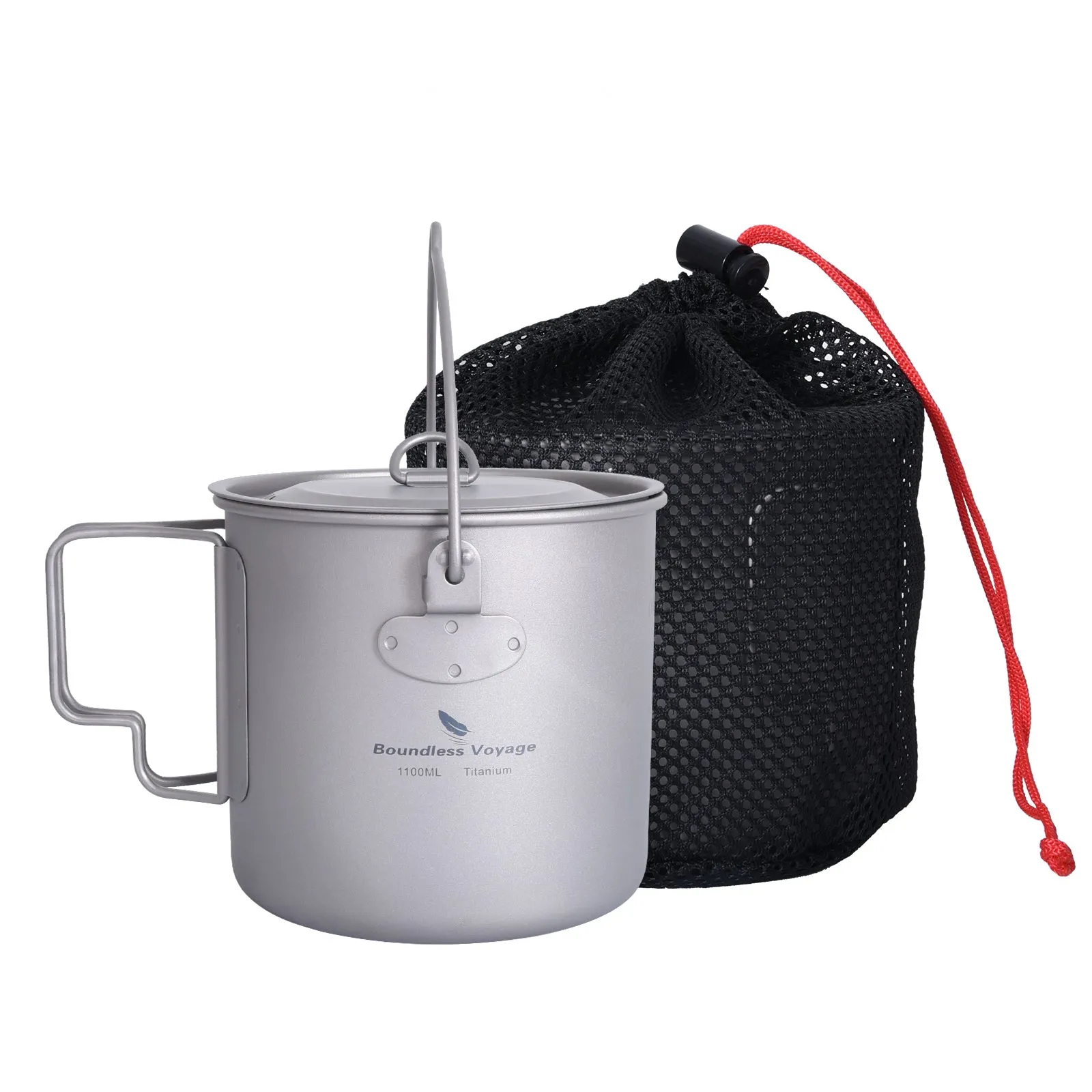 Boundless Voyage Outdoor Titanium Mug Hanging Cup 1100ml lid Camping Pot with Lid Foldable Handle Outdoor Hiking Ultralight Portable Water Cup