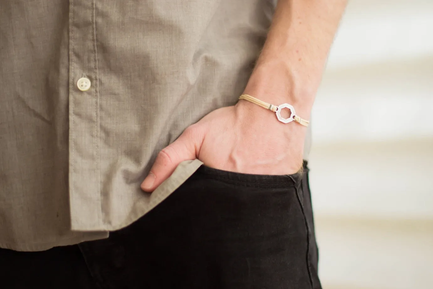 Bracelet for men, silver hexagon charm bracelet for him, beige string, customized handmade fathers day gift