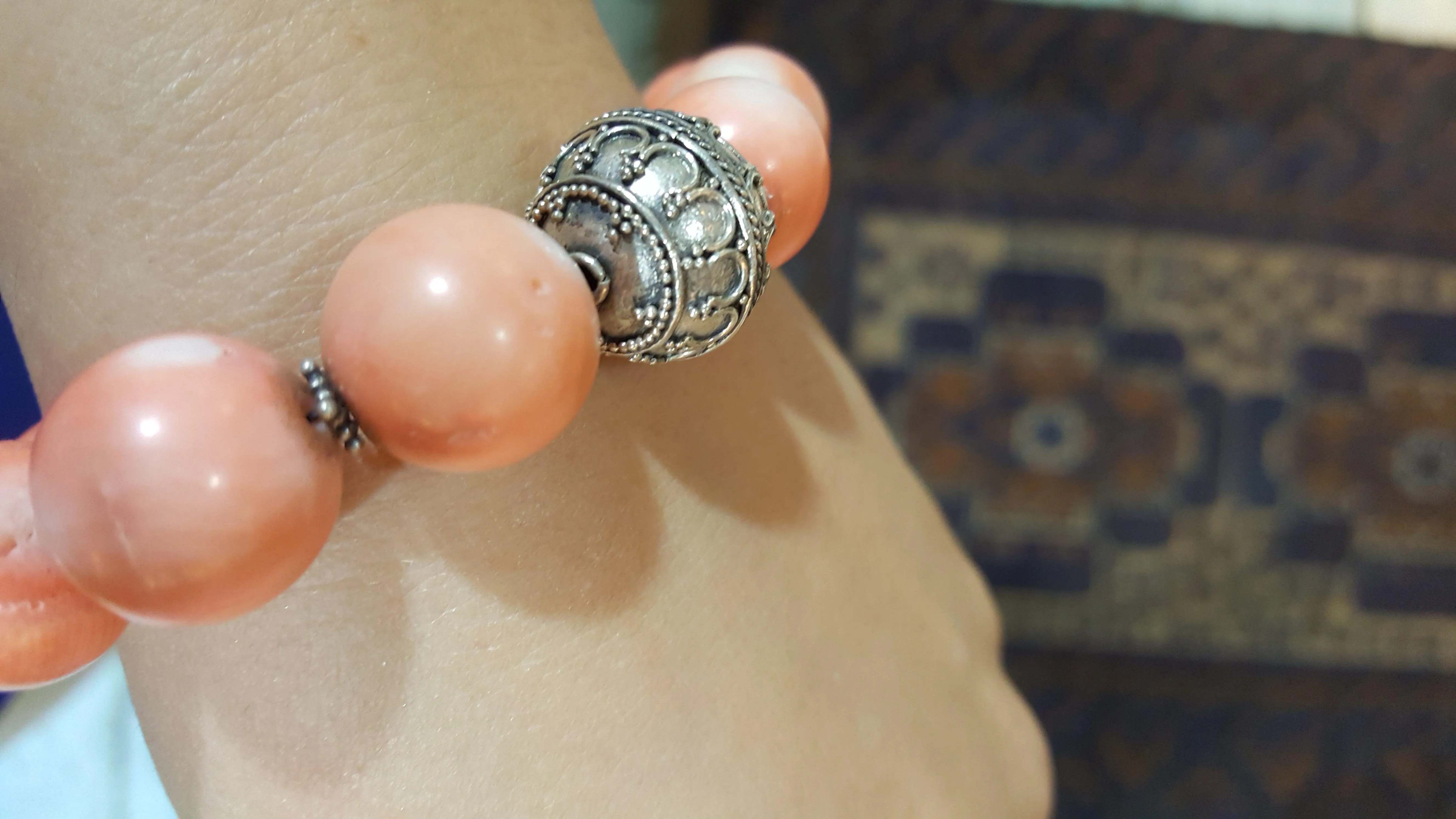 Bracelet with Pink Coral Stones (Angel Skin) and Silver Elements (C-04)