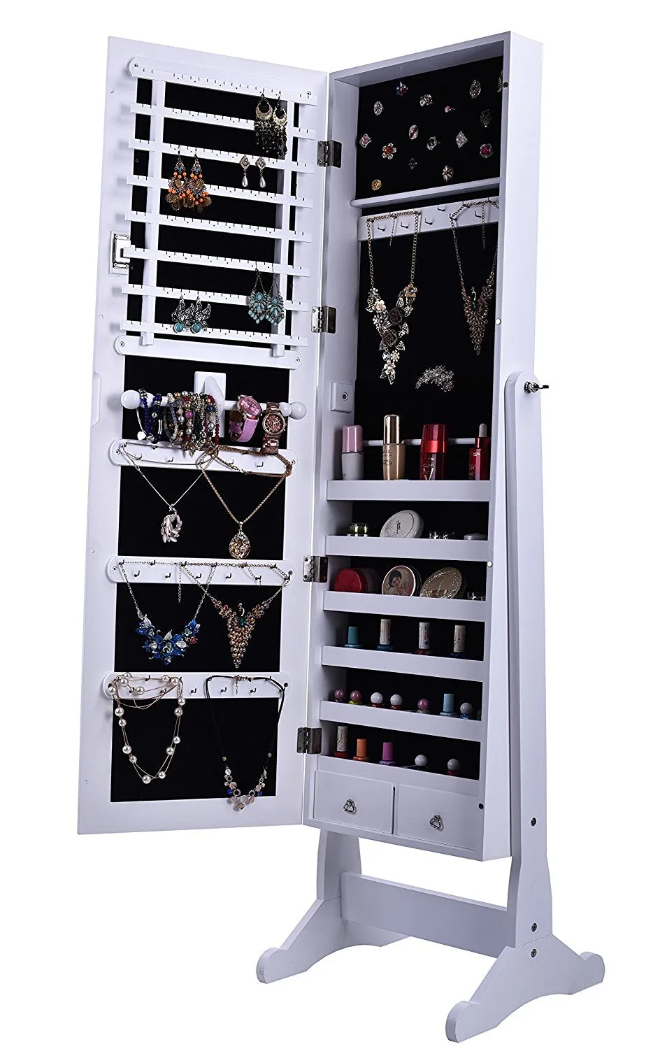 BTEXPERT Premium White Cheval Mirror Jewelry Cabinet Armoire Box Stand Organizer Case