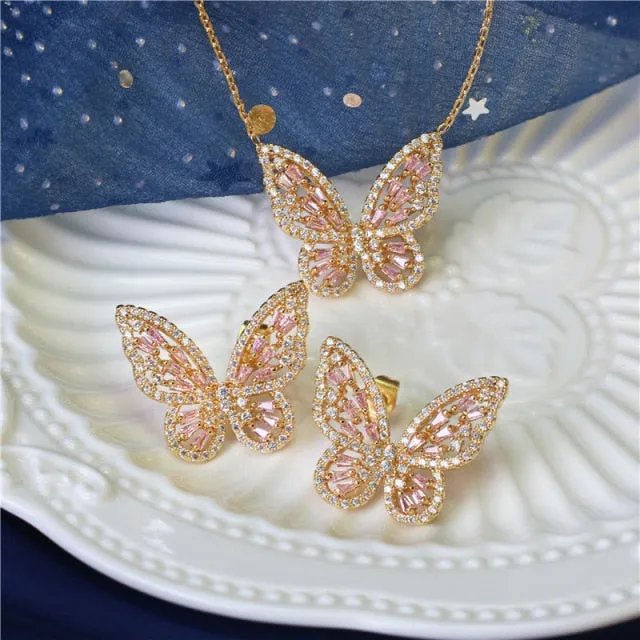 Butterfly Jewelry Sets - Necklaces and Luxury Cubic Zircon CZ Stud Earrings