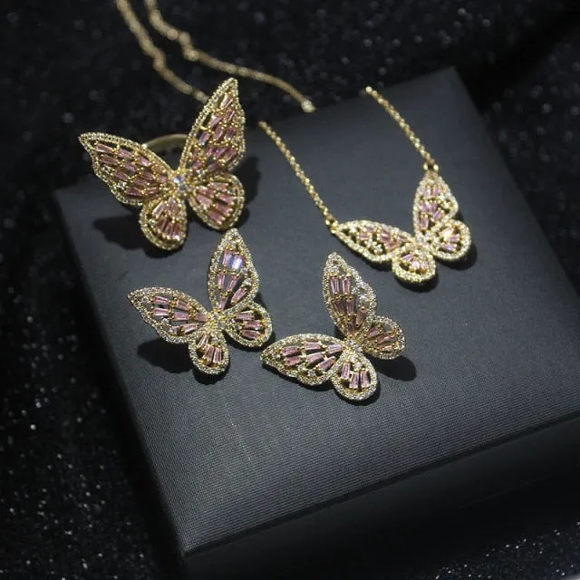 Butterfly Jewelry Sets - Necklaces and Luxury Cubic Zircon CZ Stud Earrings