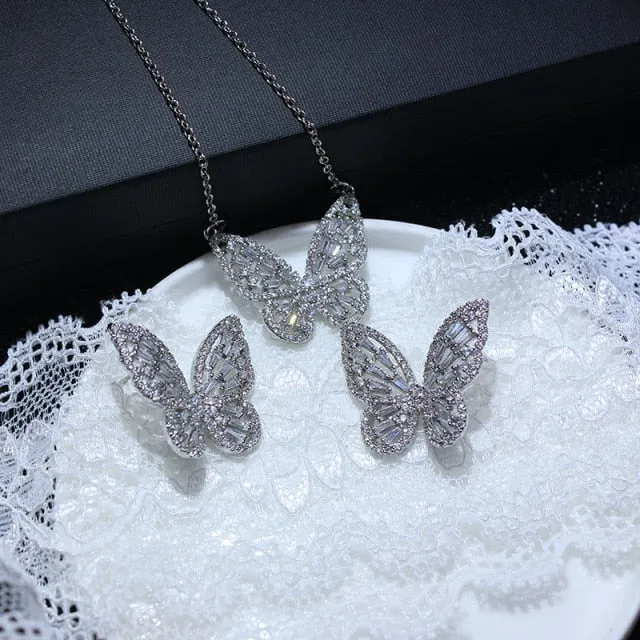 Butterfly Jewelry Sets - Necklaces and Luxury Cubic Zircon CZ Stud Earrings